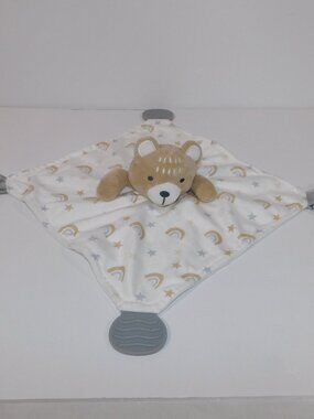 Modern Baby Tan Bear Rainbows Teether Rattle Plush Security blanket Baby Lovey